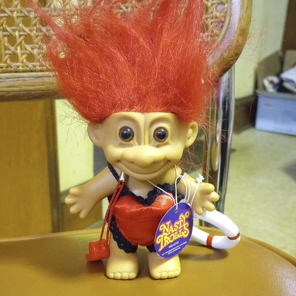 Vtg Russ Lifeguard Nasty Troll w/ Red Hair. Brown Eyes, Life Preserver, Whistle
